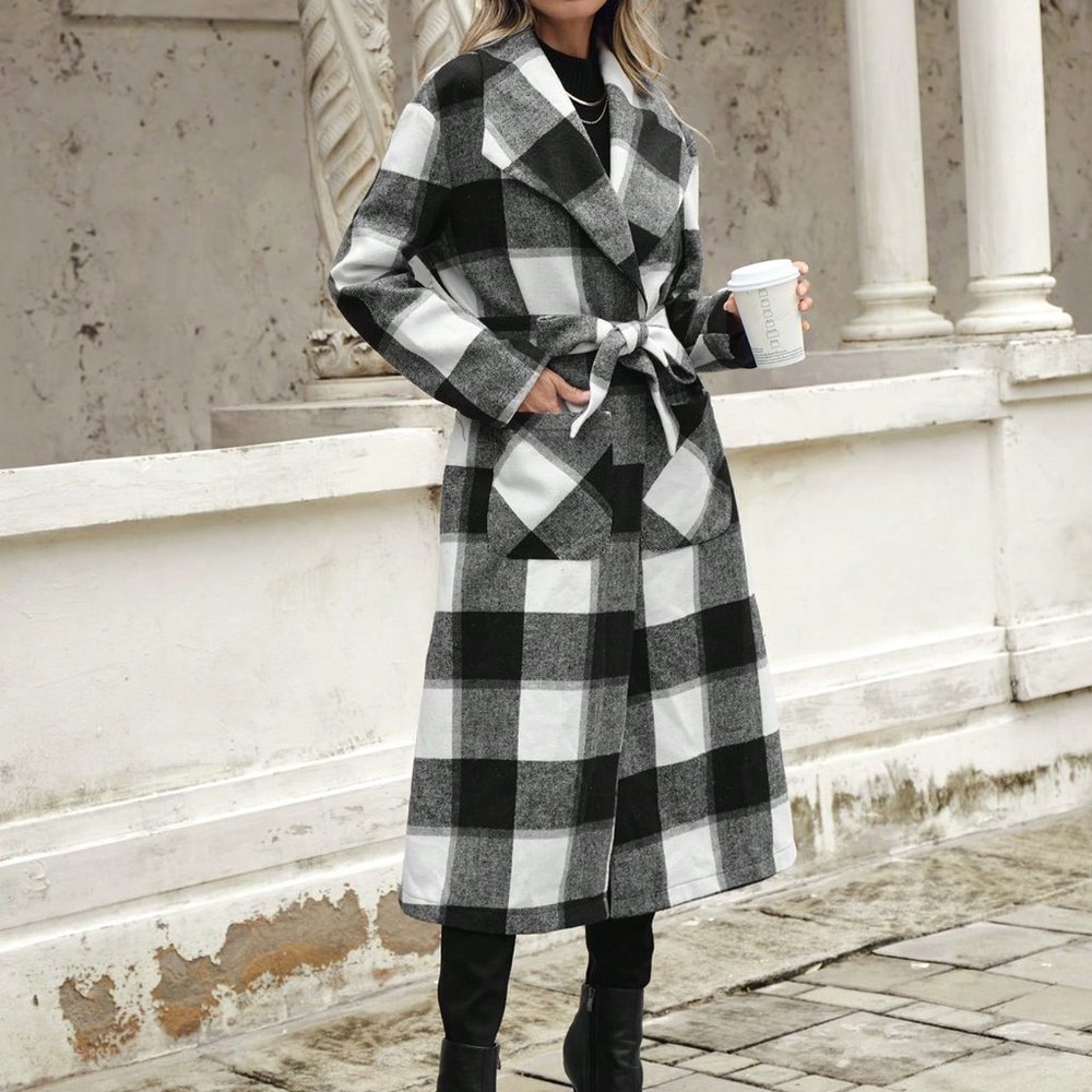 Black and White Preppy Womens Buffalo Plaid Print Dual Pocket Overcoat - Picture 5 of 6